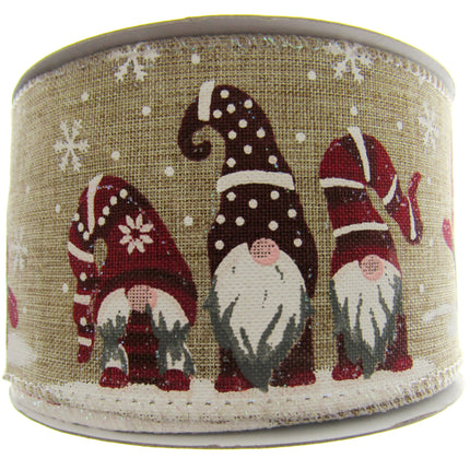 Wired Edge Christmas Ribbon with Elves & Snowflake Design - 63mm Wide - 10m Roll - ThreadandTrimmings