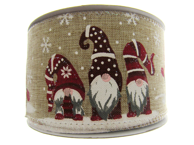 Wired Edge Christmas Ribbon with Elves & Snowflake Design - 63mm Wide - 10m Roll - ThreadandTrimmings