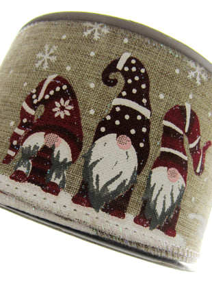 Wired Edge Christmas Ribbon with Elves & Snowflake Design - 63mm Wide - 10m Roll - ThreadandTrimmings