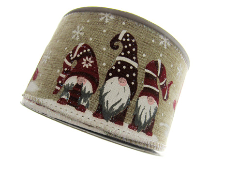 Wired Edge Christmas Ribbon with Elves & Snowflake Design - 63mm Wide - 10m Roll - ThreadandTrimmings