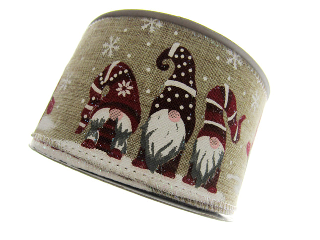 Wired Edge Christmas Ribbon with Elves & Snowflake Design - 63mm Wide - 10m Roll - ThreadandTrimmings