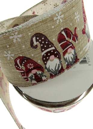 Wired Edge Christmas Ribbon with Elves & Snowflake Design - 63mm Wide - 10m Roll - ThreadandTrimmings