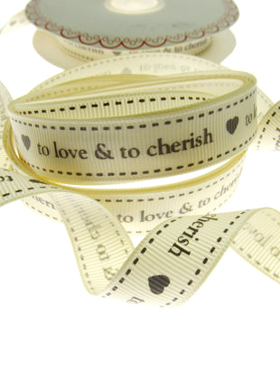 Wedding Ribbon  "To Love & To Cherish" with Heart by Berties Bows x 3m BTB146