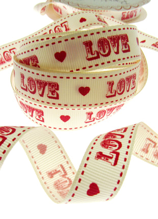Valentines Ribbon by Berties Bows - 3m x Cream LOVE Message Red Heart  BTB084