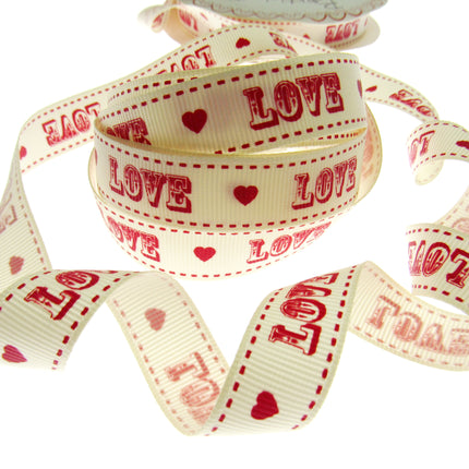 Valentines Ribbon by Berties Bows - 3m x Cream LOVE Message Red Heart  BTB084