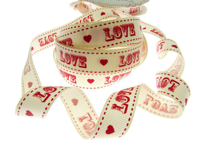 Valentines Ribbon by Berties Bows - 3m x Cream LOVE Message Red Heart  BTB084