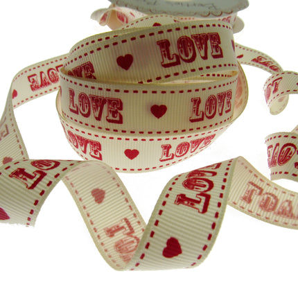 Bertie's Bows LOVE heart grosgrain ribbon cream 16mm Thread and Trimmings