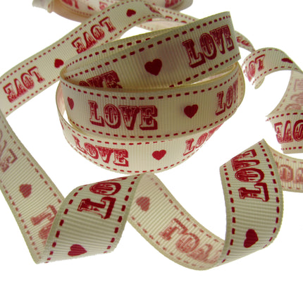 Bertie's Bows LOVE heart grosgrain ribbon cream 16mm Thread and Trimmings
