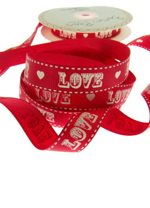 Red Valentines Ribbon by Berties Bows - 3m x RED LOVE Message with Heart BTB085