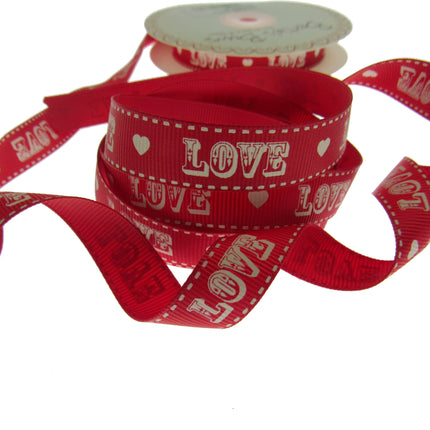 Bertie's Bows LOVE heart grosgrain ribbon red 16mm Thread and Trimmings