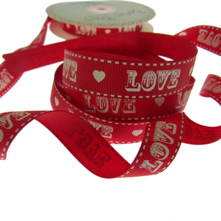 Bertie's Bows LOVE heart grosgrain ribbon red 16mm Thread and Trimmings