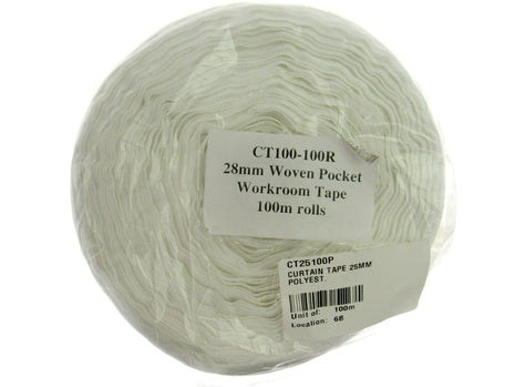 Curtain Header Tape - White Polyester Pencil Pleat Tape -25mm (1") Wide CT25100P - ThreadandTrimmings