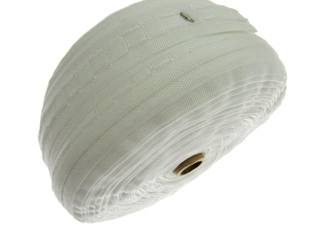 Roll of white woven curtain tape on a white background