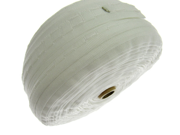 Roll of white woven curtain tape on a white background