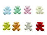 Colorful teddy bear-shaped candies on a white background