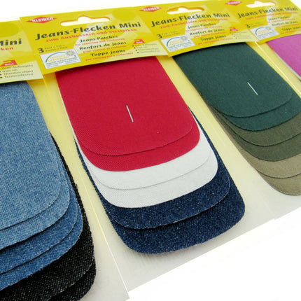 Iron On Mini Denim Patches Jean Repair 3 Pairs Per Card - 3 Colours Per Card - ThreadandTrimmings