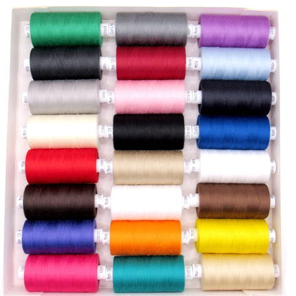 Set of colorful Coats MOON sewing threads in a box on a white background