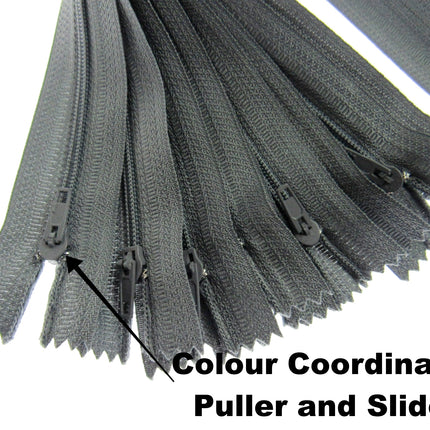 Nylon Closed End Cushion Zips No3 12" to 22" Black Grey Cream Beige Bulk Qty - ThreadandTrimmings
