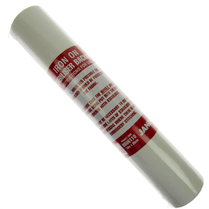 A roll of white iron-on Janome stabilizer with red printed text on a white background.