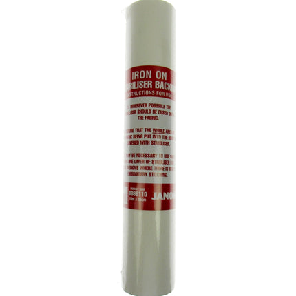 A single roll of Janome iron-on stabiliser backing fabric, showing its white material and a prominent red label with white text.