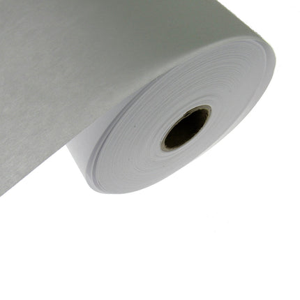 A close-up of a white roll of double sided fusible stabilizer partially unrolled, shown against a plain white background.