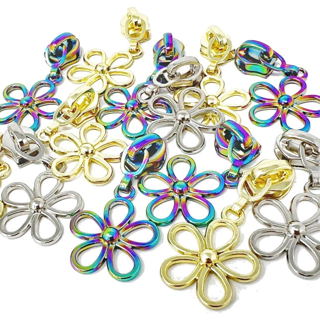 Daisy Zip Sliders No.5 Alloy Pack of 5 Rainbow Brass Gunmetal Silver