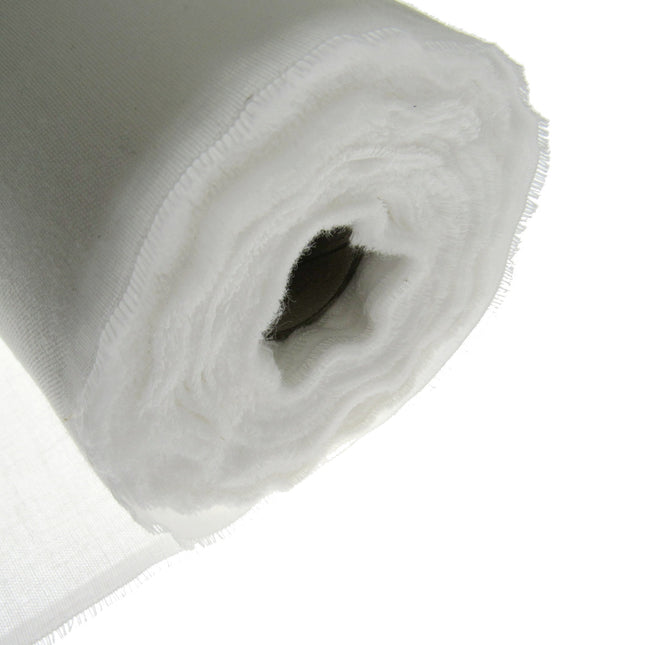 A close-up of a rolled white 100% cotton fusible interfacing fabric with visible woven texture and frayed edges, photographed on a white background.