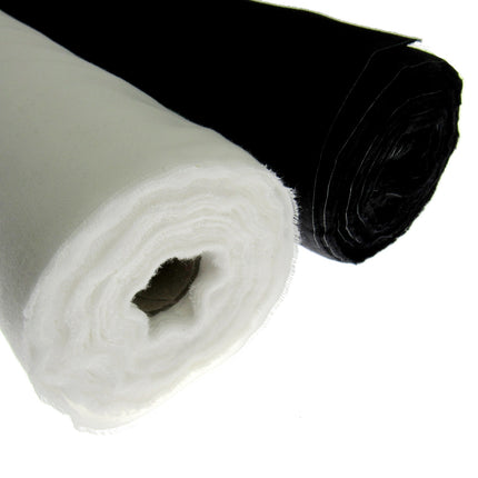 Two rolls of iron on fusible cotton interfacing fabric, one white and one black, shown on a plain white background.
