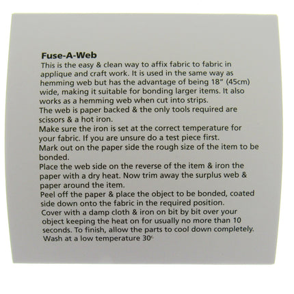Fuse-A-Web Iron-On Bonding Web Applique Hemming 50cm Wide White Fabric Bond