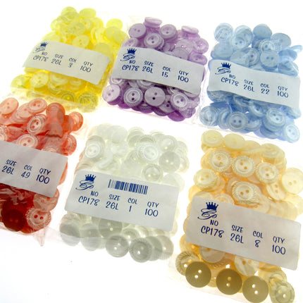 Assorted buttons in various colors with labels on a white background