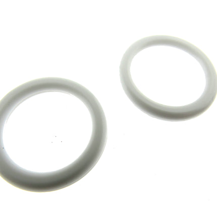 Two white curtain O-rings on a white background