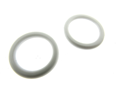 Two white curtain O-rings on a white background
