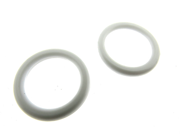Two white curtain O-rings on a white background