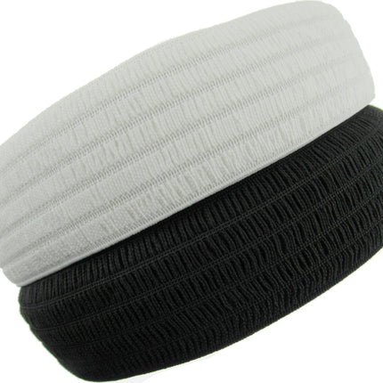 Close up of black and white waspie elastic, on a white background.