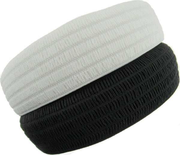 Close up of black and white waspie elastic, on a white background.