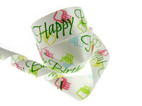 Happy Birthday Ribbon Printed Cakes on White Satin Ribbon - 25mm Wide x 3m
