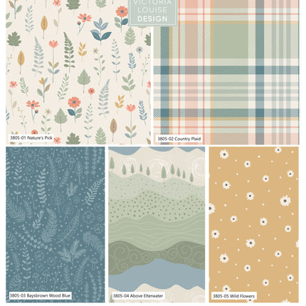 A fabric design sampler sheet titled 'Langdale Valley' by Victoria Louise Design, showing multiple printed textile patterns including floral prints, plaid, woodland florals, and abstract landscapes, with color chips and text labels at the bottom.