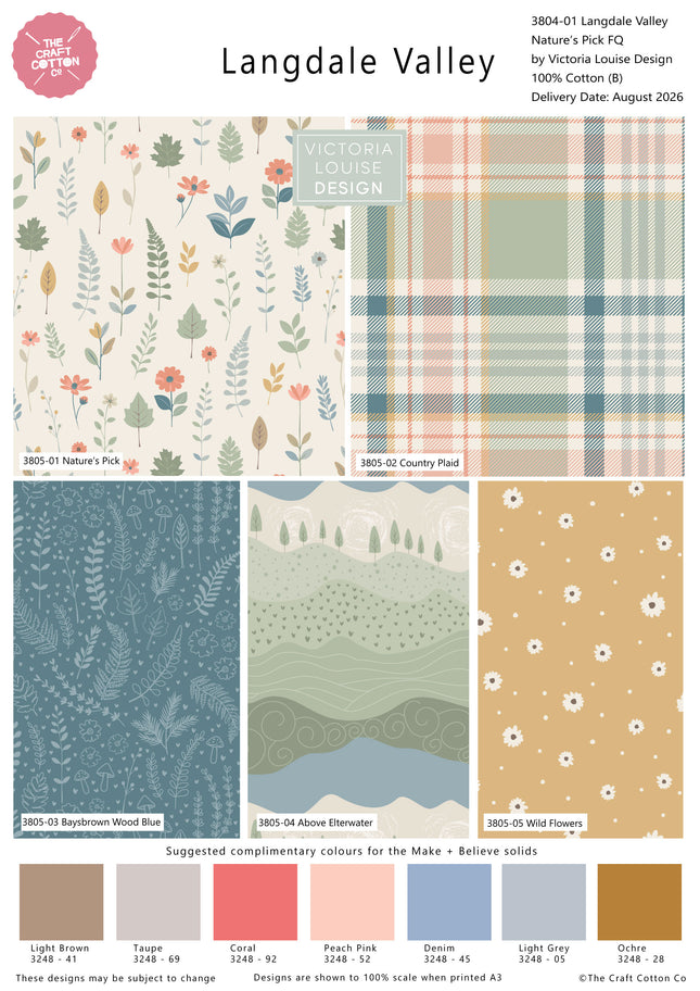 A fabric design sampler sheet titled 'Langdale Valley' by Victoria Louise Design, showing multiple printed textile patterns including floral prints, plaid, woodland florals, and abstract landscapes, with color chips and text labels at the bottom.