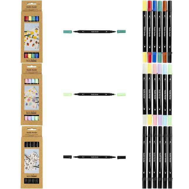 Textile Markers Permanent Fabric Pens Creativ Double Tip 6 or 20 Piece Packs