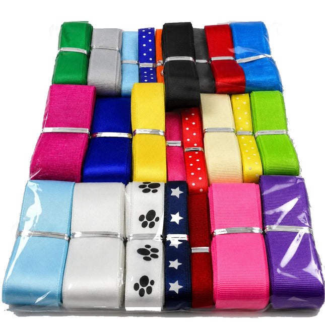 Ribbon Pack 25 x 3m Grosgrain Satin Chiffon Printed Ribbons 75m Mixed Widths