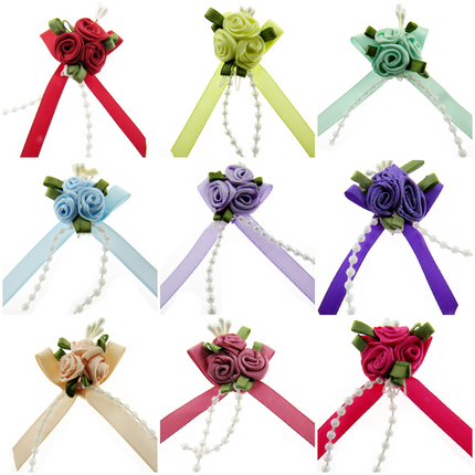 Rose Cluster Ribbon Bows with Green Leaves, Pearl String Beads & Stamens 53413GL
