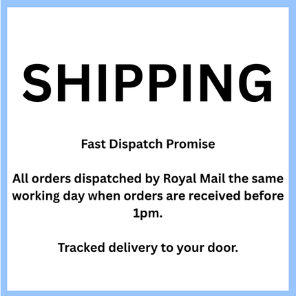 A white square graphic with a light blue border and large black text reading “SHIPPING,” followed by smaller text stating a fast dispatch promise from Royal Mail and tracked delivery.