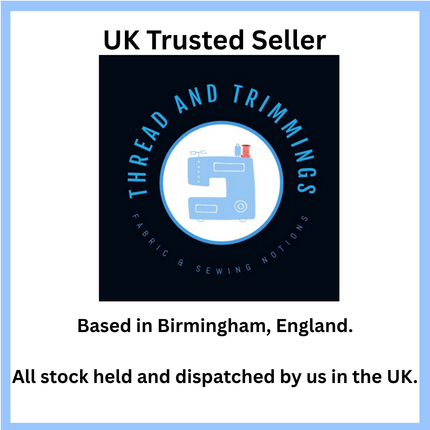 A promotional graphic for Thread and Trimmings, featuring a central dark navy square with a light blue sewing machine logo and the text 'THREAD AND TRIMMINGS' in light blue. Above and below the logo, black text reads 'UK Trusted Seller' and 'Based in Birmingham, England.