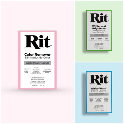 Three Rit laundry treatment packets arranged on a pastel background: a larger pink-bordered packet labeled Color Remover on the left, and two smaller packets with green and blue borders labeled Whitener & Brightener and White-Wash on the right.