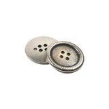 Two metallic silver buttons on a white background