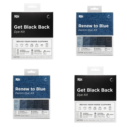 Four Rit brand dye kit packages arranged in a 2x2 grid on a white background: Get Black Back Dye Kit, Renew to Blue Denim Dye Kit, and two variations of Get Black Back Denim Dye Kit.