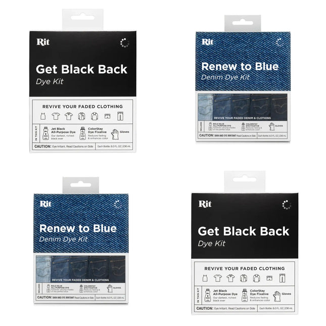 Four Rit brand dye kit packages arranged in a 2x2 grid on a white background: Get Black Back Dye Kit, Renew to Blue Denim Dye Kit, and two variations of Get Black Back Denim Dye Kit.