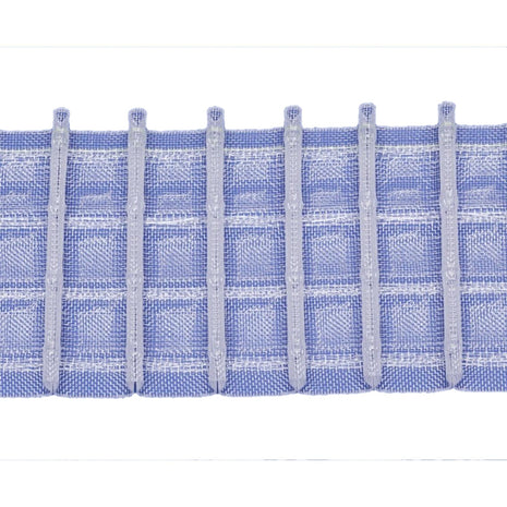 Clear pleated curtain tape on a white background