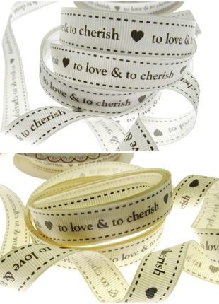 Two ribbons with text and heart designs on a white background