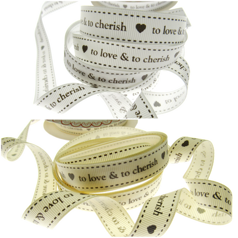 Two ribbons with text and heart designs on a white background
